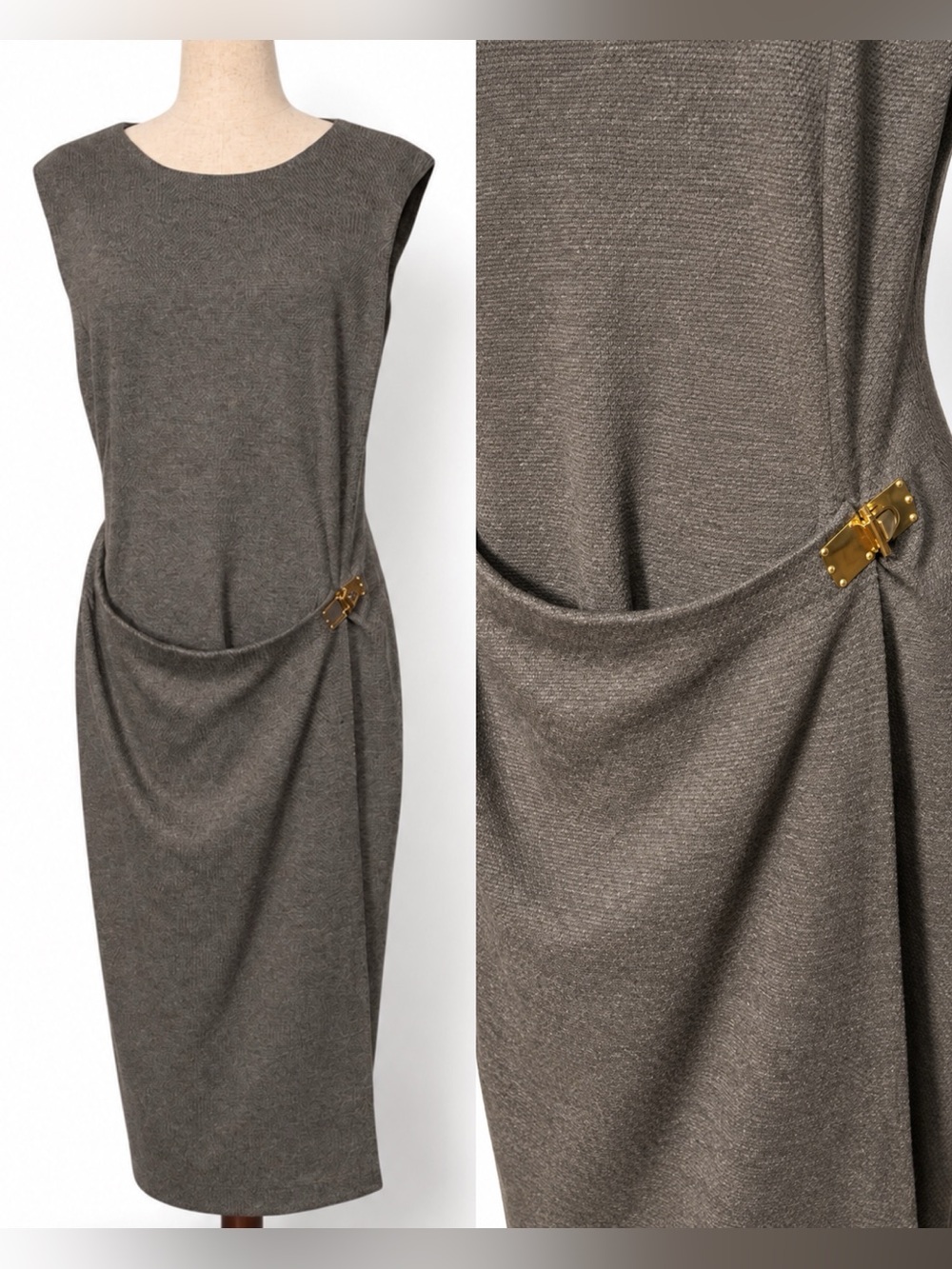 Donna Karan NY grey, gold hardware drape sheath dress- midi length- 14